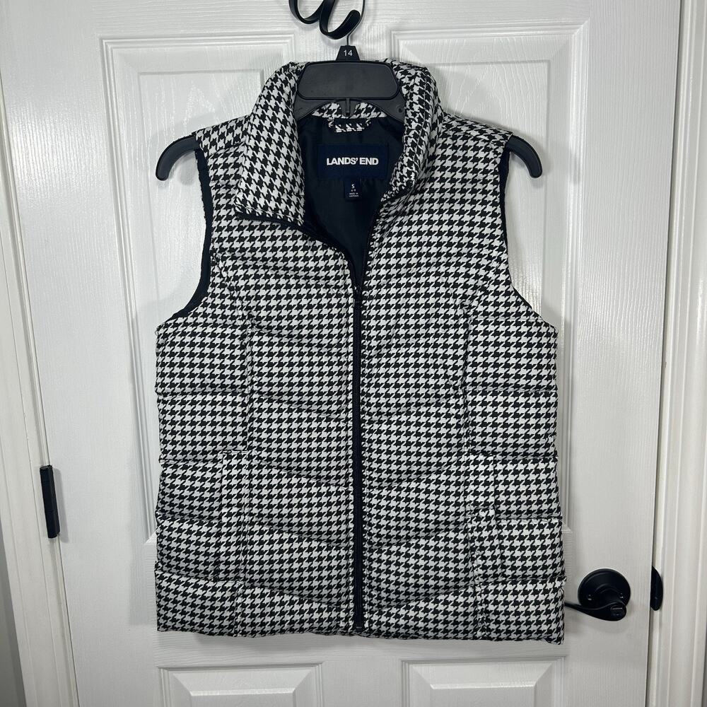 Lands’ End Down Quilted Puffer Vest Women's Small Black & White Houndstooth